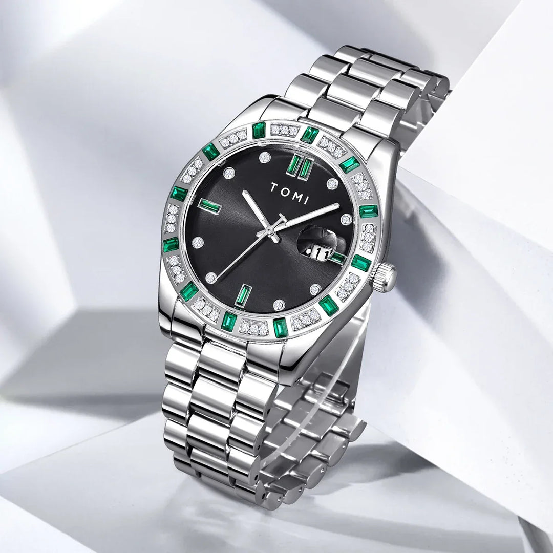 TOMI T-305 High Quality Chain Watch Set – Date Quartz | Ring & Brooch | Premium Gift Box