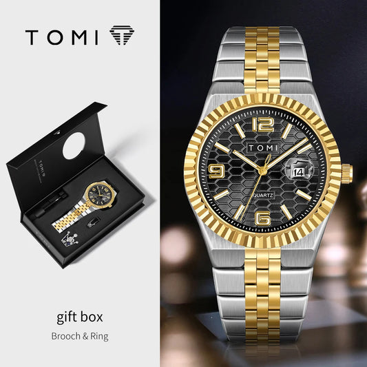 TOMI T-311 Luxury Men's Watch Steel Band Calendar Multi-function Quartz Watch Ring Cufflink Gift Box Set