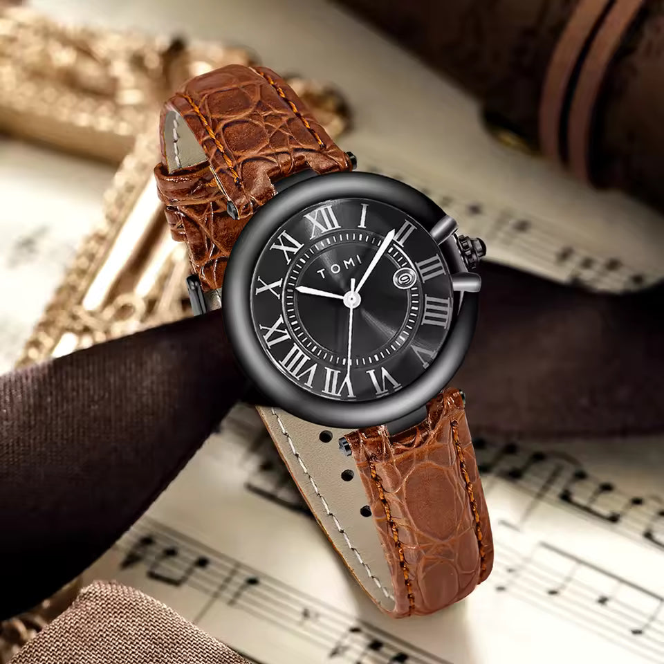 TOMI T-075 Couple Watch Date Quartz Leather Strapa