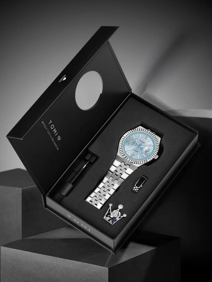 TOMI T-311 Luxury Men's Watch Steel Band Calendar Multi-function Quartz Watch Ring Cufflink Gift Box Set