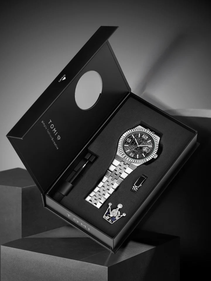 TOMI T-311 Luxury Men's Watch Steel Band Calendar Multi-function Quartz Watch Ring Cufflink Gift Box Set