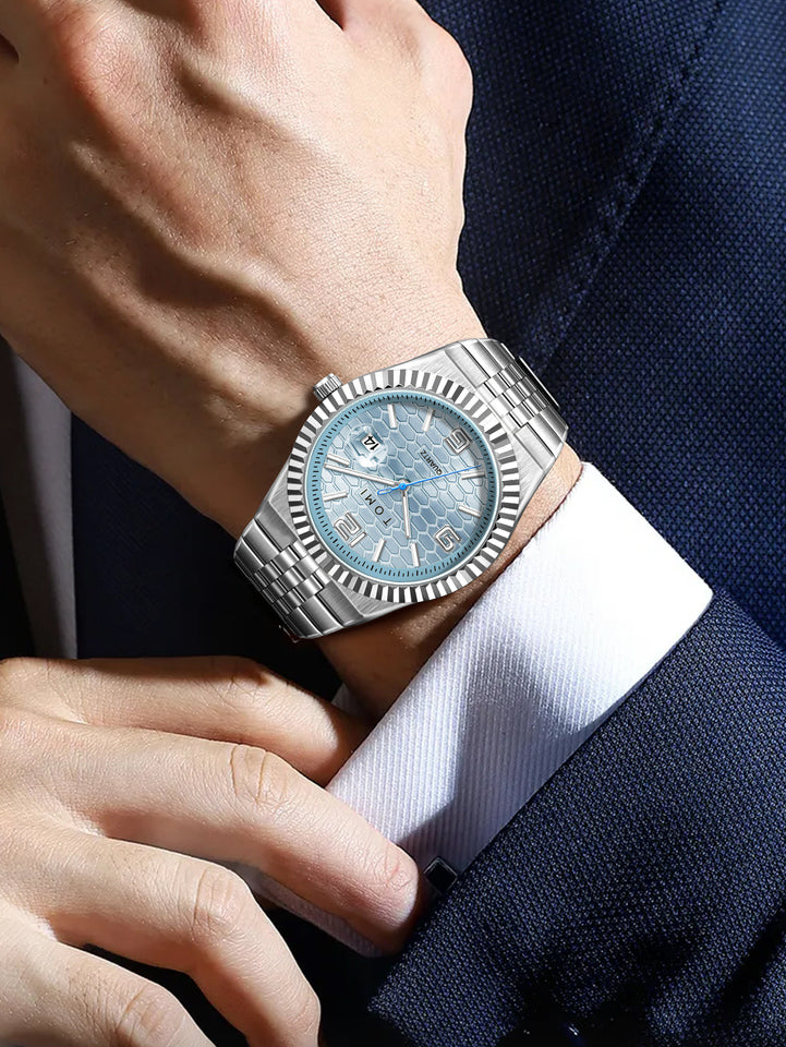 TOMI T-311 Luxury Men's Watch Steel Band Calendar Multi-function Quartz Watch Ring Cufflink Gift Box Set
