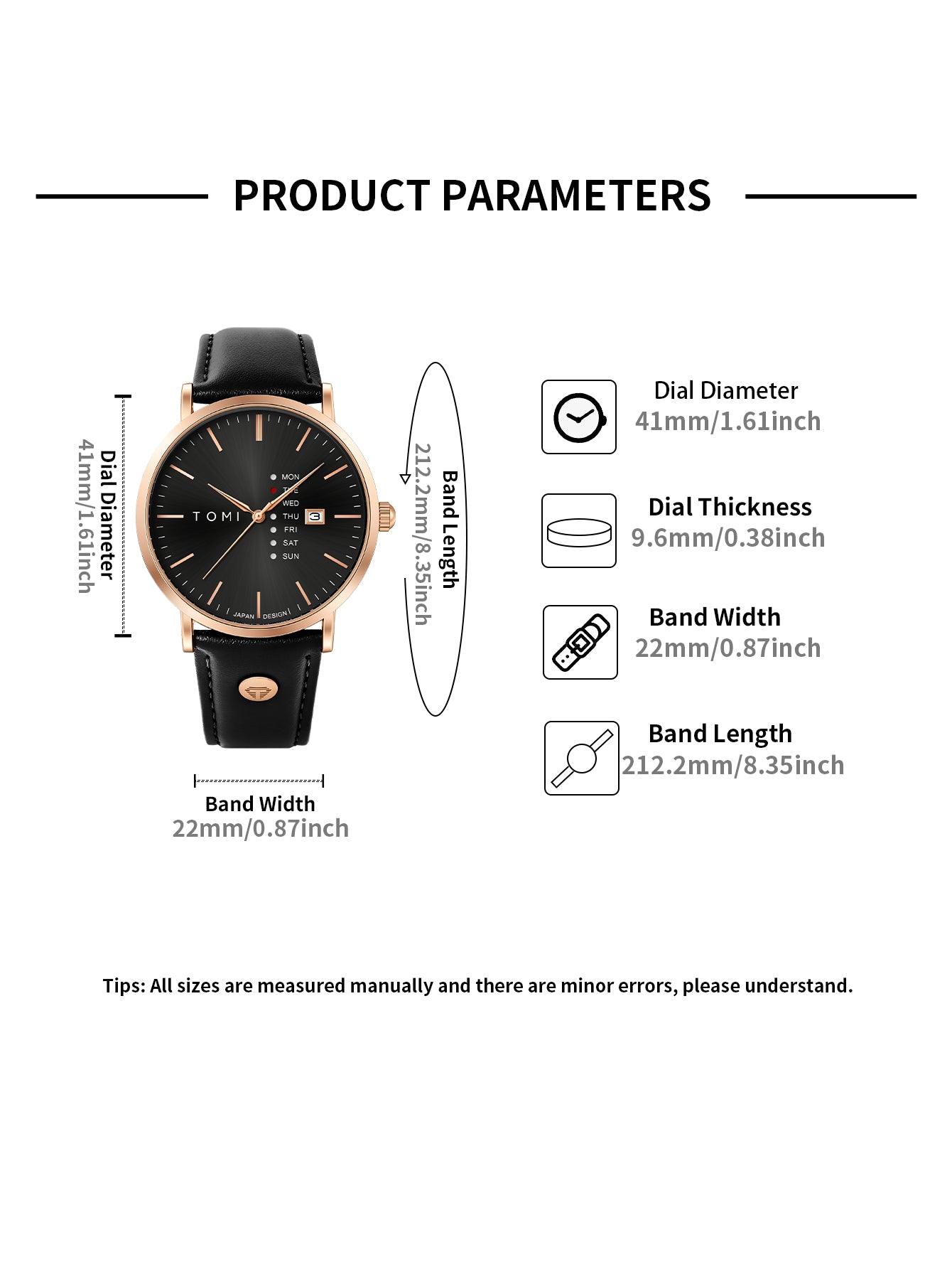 New TOMI T-019 Trendy Men's Watch Quartz Texture Business Watch with Leather Strap and Weekday Calendar