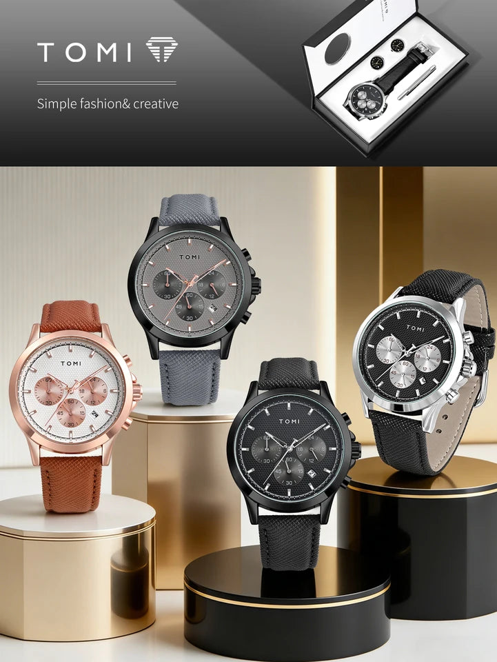 TOMI T-604 Luxury Business Four-piece Set Men's Quartz Watch Casual Fashion Men's Cufflinks Tie Clip Watch Gift Box (Copy 2)