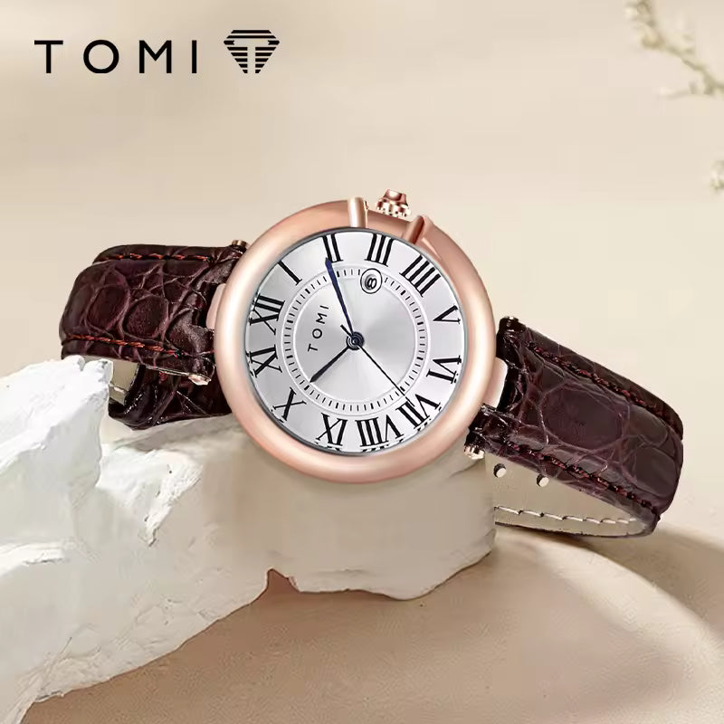 TOMI T-075 Couple Watch Date Quartz Leather Strapa