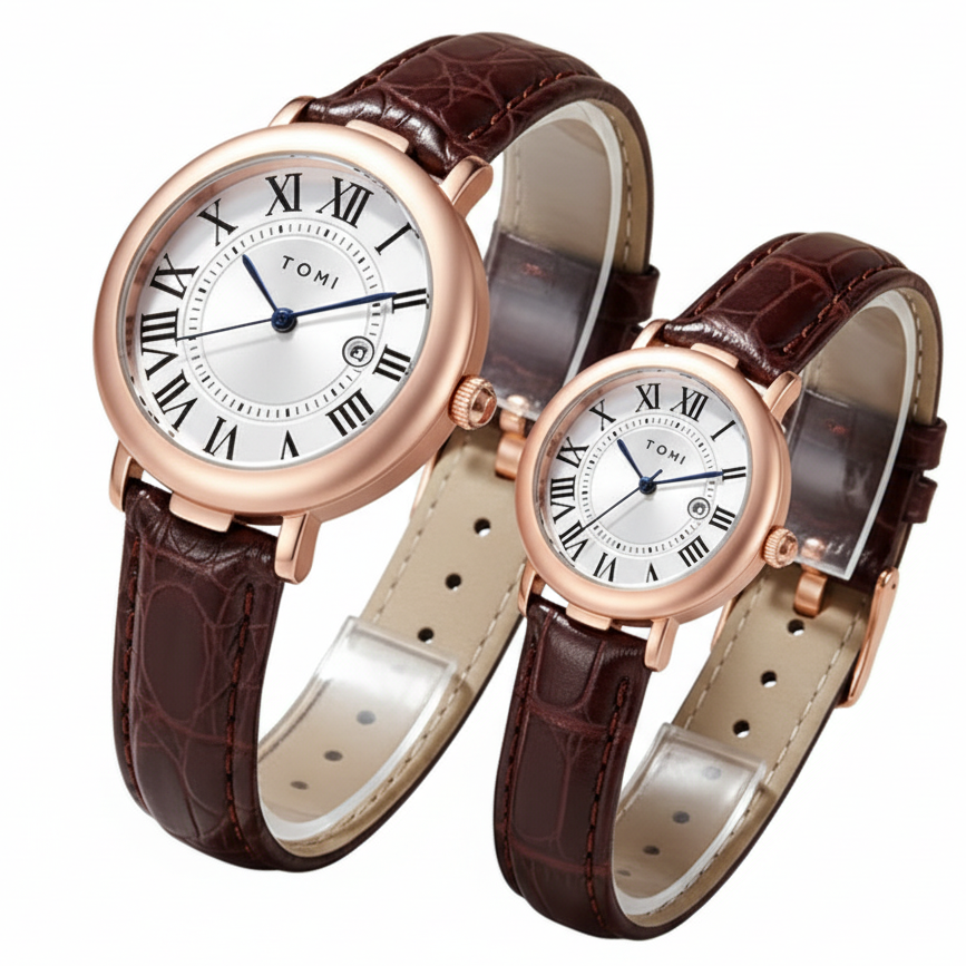 TOMI T-075 Couple Watch Date Quartz Leather Strapa
