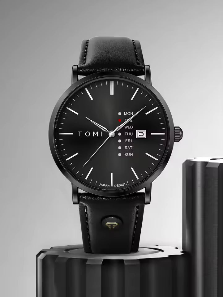 New TOMI T-019 Trendy Men's Watch Quartz Texture Business Watch with Leather Strap and Weekday Calendar