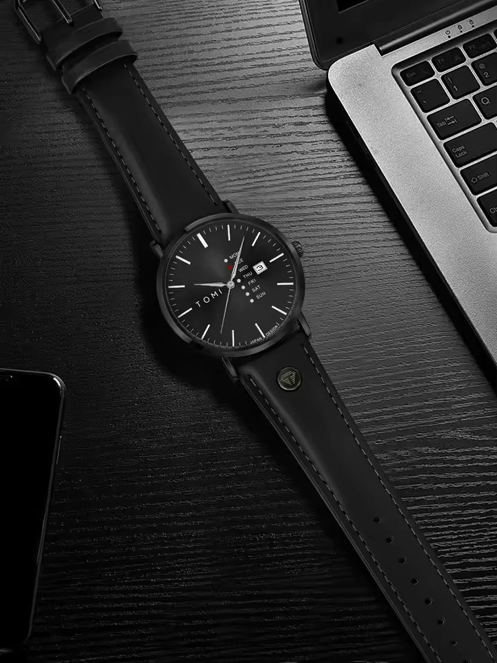 New TOMI T-019 Trendy Men's Watch Quartz Texture Business Watch with Leather Strap and Weekday Calendar