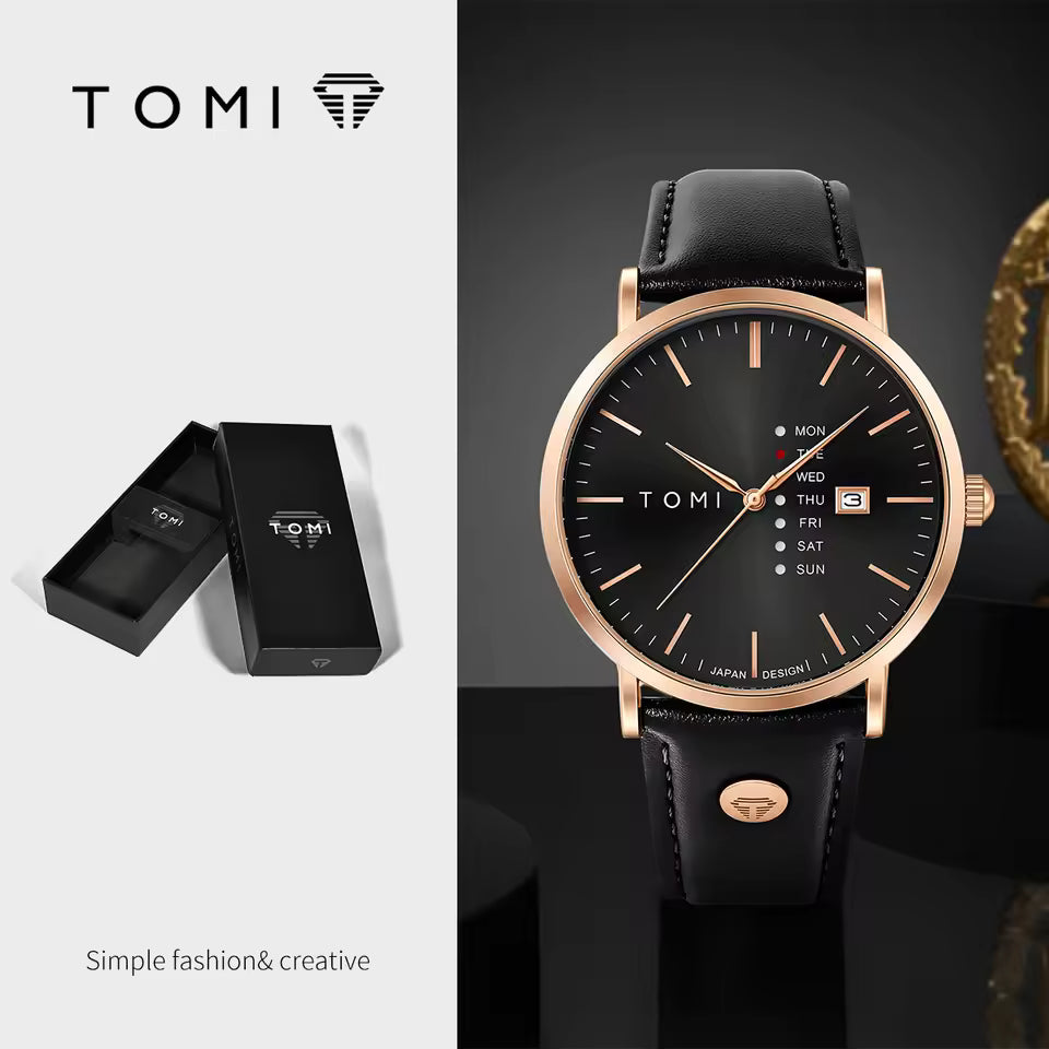 New TOMI T-019 Trendy Men's Watch Quartz Texture Business Watch with Leather Strap and Weekday Calendar