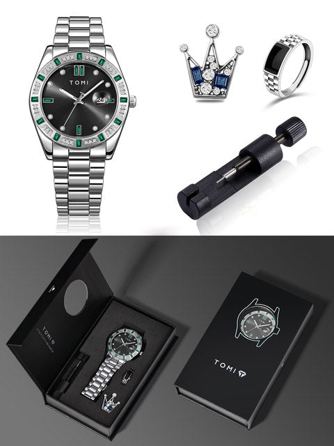 TOMI T-305 High Quality Chain Watch Set – Date Quartz | Ring & Brooch | Premium Gift Box