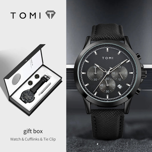 TOMI T-604 Luxury Business Four-piece Set Men's Quartz Watch Casual Fashion Men's Cufflinks Tie Clip Watch Gift Box (Copy)