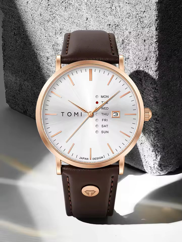 New TOMI T-019 Trendy Men's Watch Quartz Texture Business Watch with Leather Strap and Weekday Calendar