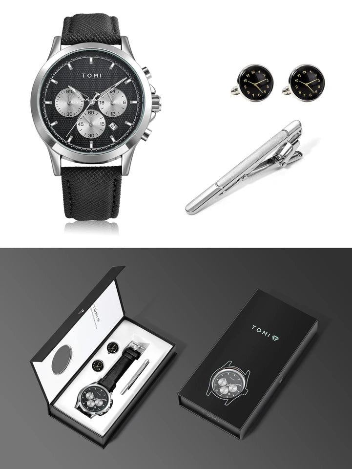 TOMI T-604 Luxury Business Four-piece Set Men's Quartz Watch Casual Fashion Men's Cufflinks Tie Clip Watch Gift Box