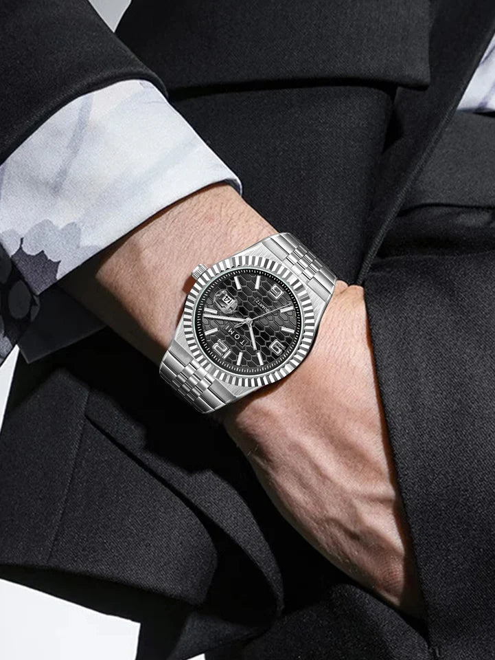 TOMI T-311 Luxury Men's Watch Steel Band Calendar Multi-function Quartz Watch Ring Cufflink Gift Box Set