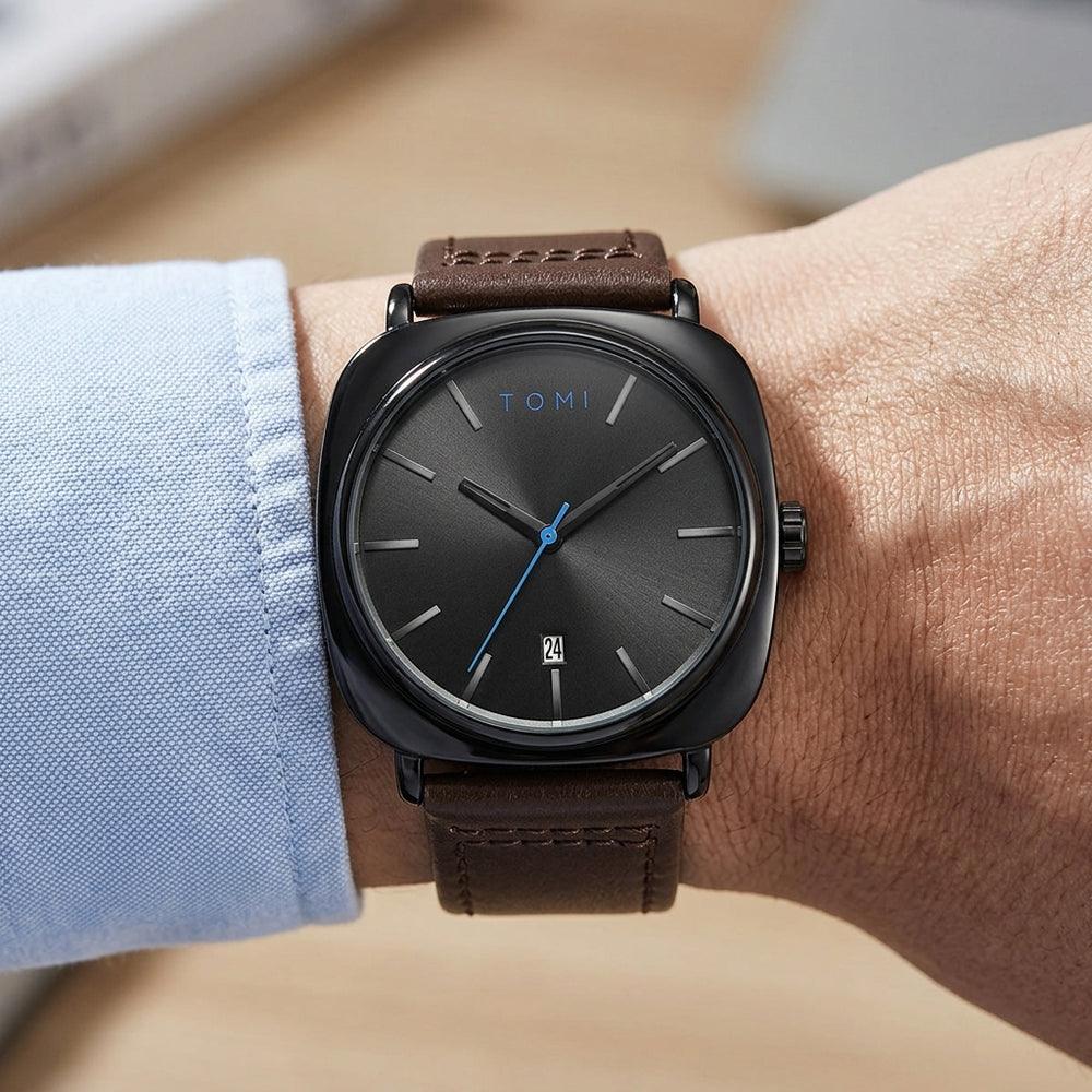 TOMI T-084 Men's Watch Quartz Date Leather Straps