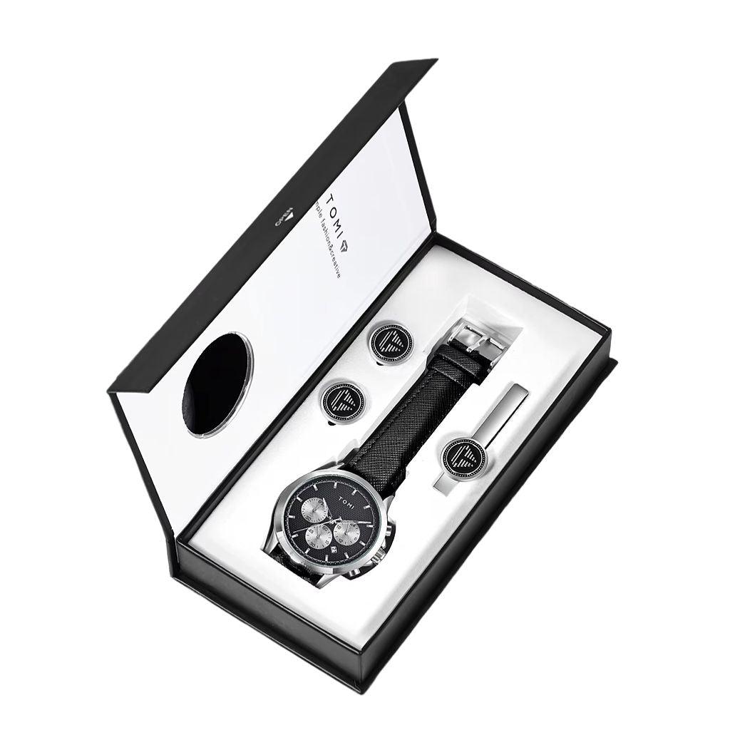 TOMI T-604 Luxury Business Four-piece Set Men's Quartz Watch Casual Fashion Men's Cufflinks Tie Clip Watch Gift Box