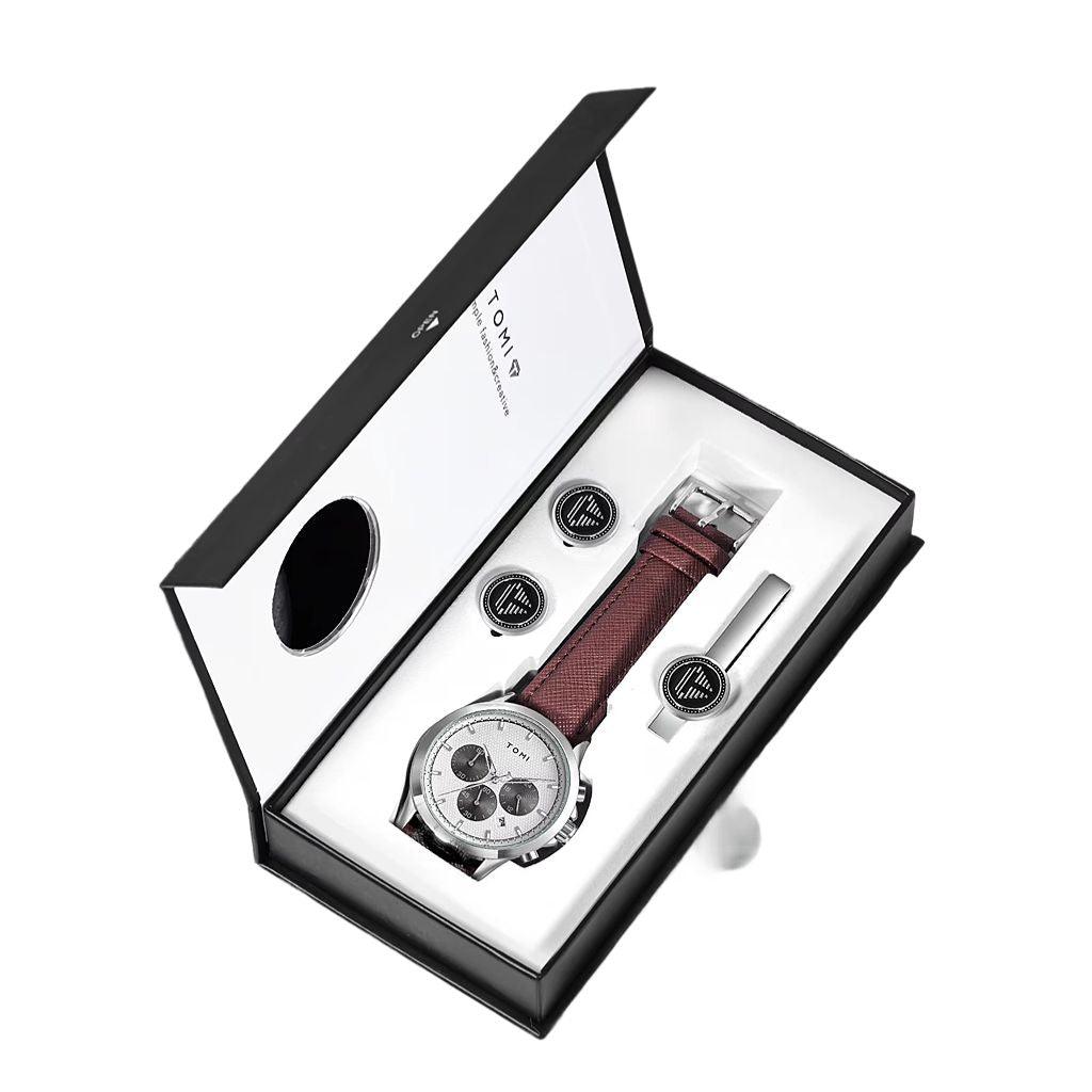 TOMI T-604 Luxury Business Four-piece Set Men's Quartz Watch Casual Fashion Men's Cufflinks Tie Clip Watch Gift Box