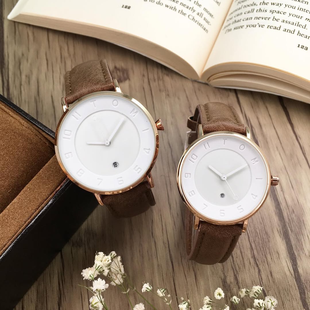 TOMI T-085 Couple Watch Date Quartz Leather Straps