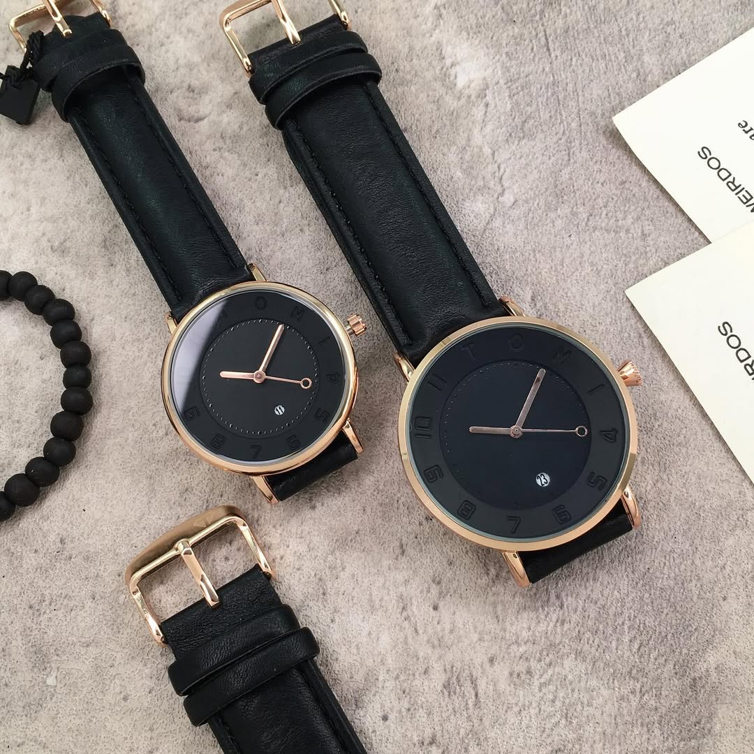 TOMI T-085 Couple Watch Date Quartz Leather Straps