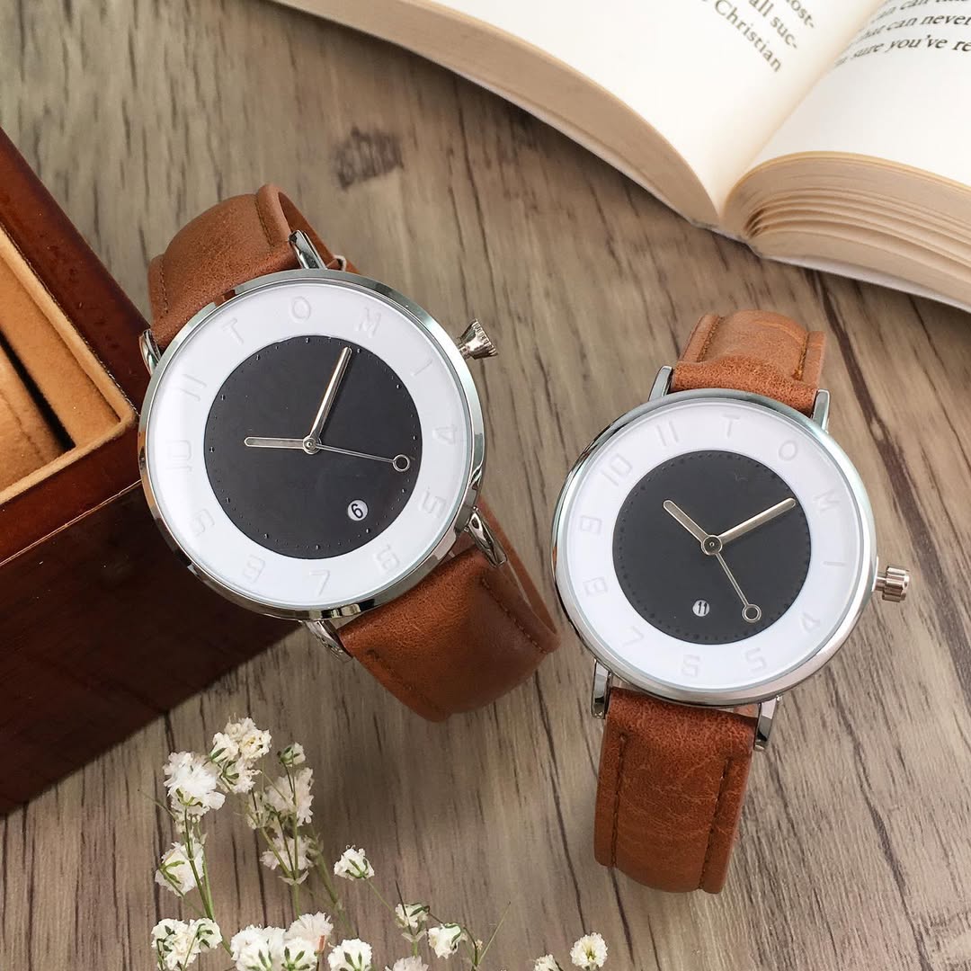 TOMI T-085 Couple Watch Date Quartz Leather Straps