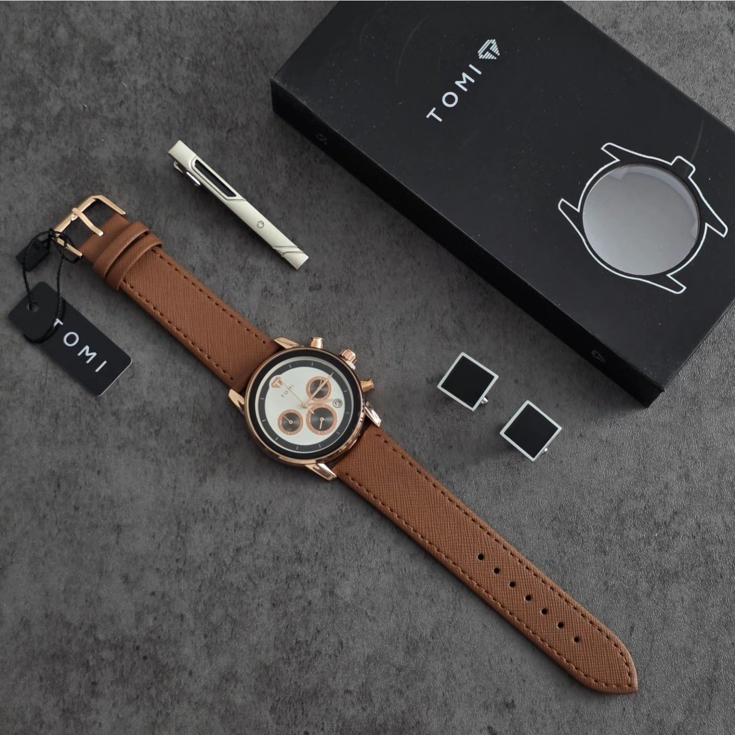 TOMI T-603 S6 Series Luxury Business Chronograph Watch Cufflinks Tie Pin