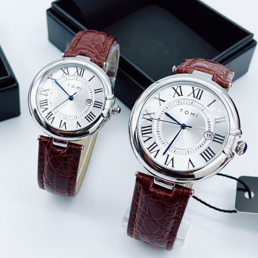 TOMI T-075 Couple Watch Date Quartz Leather Strapa