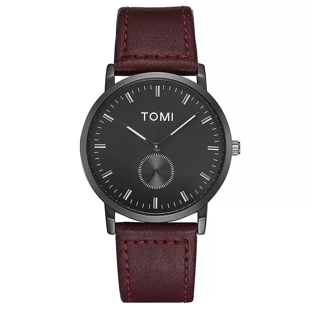 TOMI T-073 Luxury Slim Dial Watch Side Second Quartz Leather Strap