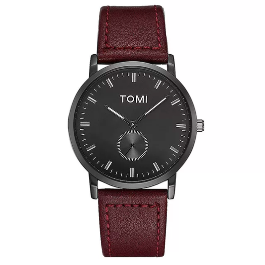 TOMI T-073 Luxury Slim Dial Watch Side Second Quartz Leather Strap