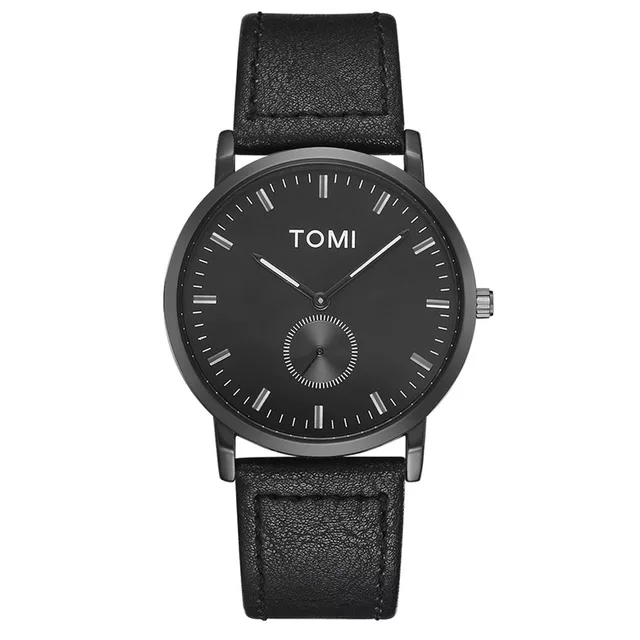 TOMI T-073 Luxury Slim Dial Watch Side Second Quartz Leather Strap