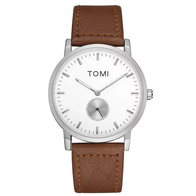 TOMI T-073 Luxury Slim Dial Watch Side Second Quartz Leather Strap