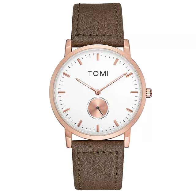 TOMI T-073 Luxury Slim Dial Watch Side Second Quartz Leather Strap