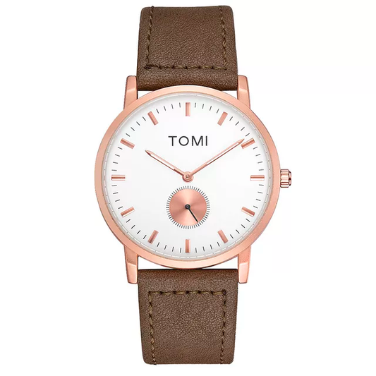 TOMI T-073 Luxury Slim Dial Watch Side Second Quartz Leather Strap